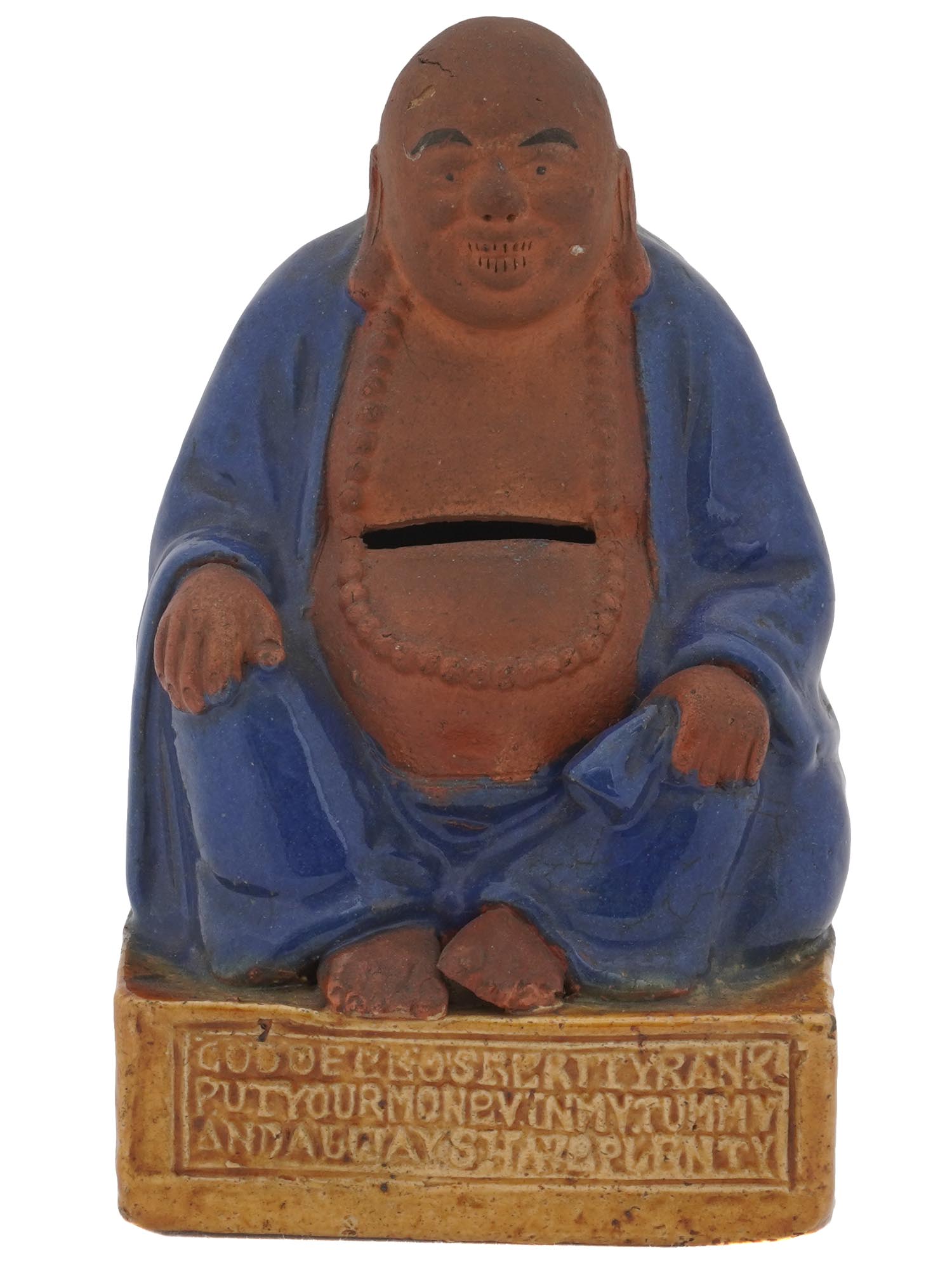 ANTIQUE CHINESE TERRACOTTA BUDDHA MONEY BANK PIC-1